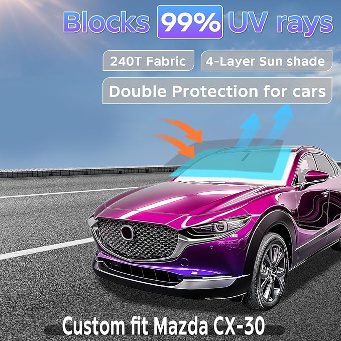 Sun Shade Sunshade for Mazda CX-30 2019-2024 2025 2026 Windshield Cover, 4-Layers Sun Shield 250T Silver Sun Visor Foldable Window Shade for CX30 Blocks UV Rays Car Accessories