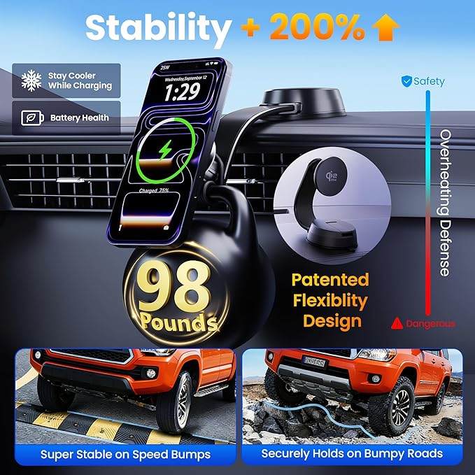 Upgrade [for Qi2.2-Certified] 25W for MagSafe Wireless Car Charger Mount, 2XFast Charging[90+LBS Safe Suction] Magnetic Phone Holder Dashboard Windshield for iPhone 17/16/15/14/13/12 Pro Max,Black