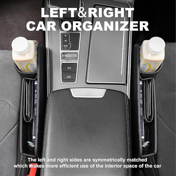 2Pcs Car Seat Gap Filler Organizer,Black Car Organizer with Cup Holder,Leather Car Seat Gap Plug with Storage Slot for Phones,Glasses,Keys,Cards