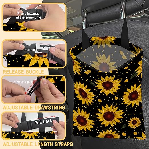 Vintage Sunflower Car Garbage Bag, Small Car Trash Bag Hanging Back of Seat,Drawstring Car Trash Bag with Adjustable Buckle,Car Accessories for Camping Travelling