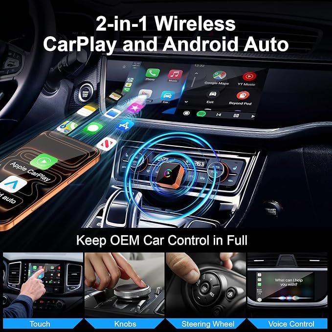 2026 Upgraded Mini Wireless CarPlay Adapter for Apple CarPlay & Android Auto, Plug & Play, Fast and Auto Connect, No Latency 2 in 1 Car Play Wireless Adapter for iPhone iOS 10+ & Android 11+