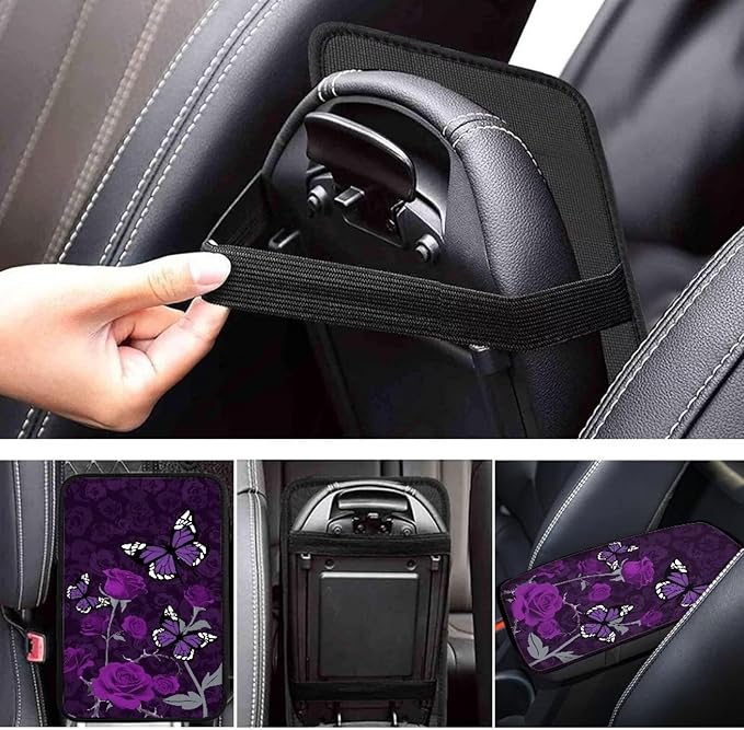 Purple Rose Butterfly Armrest Cover Pad for Cars Comfortable Soft Car Center Console Armrest Cushion Pads Rose Butterflies Auto Accessories Universal Fit for Most Cars