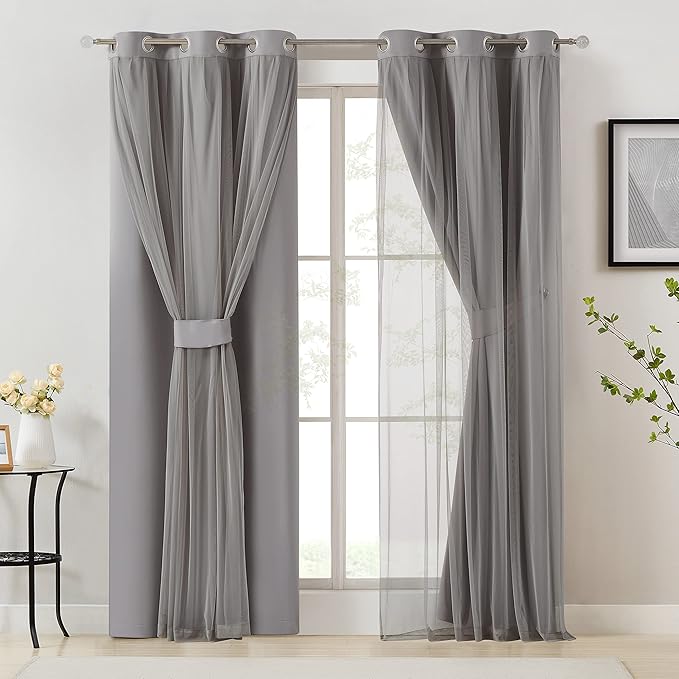 Bujasso Grey 90% Blackout Curtains with Sheer Overlay Mix and Match Double Layer Window Curtains Thermal Insulated 63 inch for Living Room Bedroom Gray Drapes with Tiebacks Grommet Top 37" Wx63 Lx2