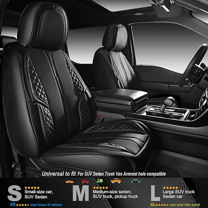 CAR PASS Nappa Leather Car Seat Covers Front Seats Only, Luxury PU Leatherette Seat Covers 2 Pack Waterproof Durable Car Seats Cushion Protector Universal Fit for Sedan SUV Pick-up Truck Van All Black