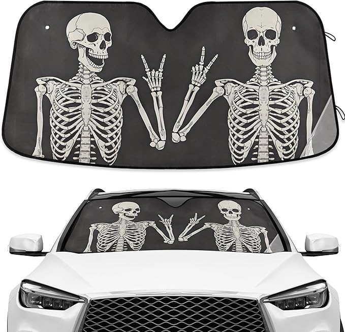 Funny Skull Car Windshield Sunshade - Skeleton Car Shade Skull Sun Shade Black Blocks UV Rays Visor Protector Accordion Folding Sun Reflector Auto Sunshade for Truck SUV to Keep Your Vehicle Cool