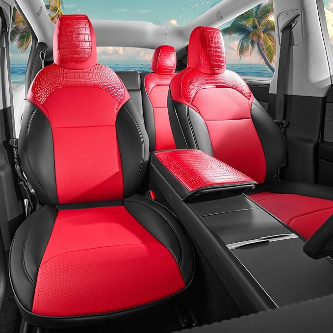 Seat Cover for Tesla Model Y Juniper 2025-2026 Custom Fit Leather Seat Cover Full Set (Crocodile Red+Black 25-26)