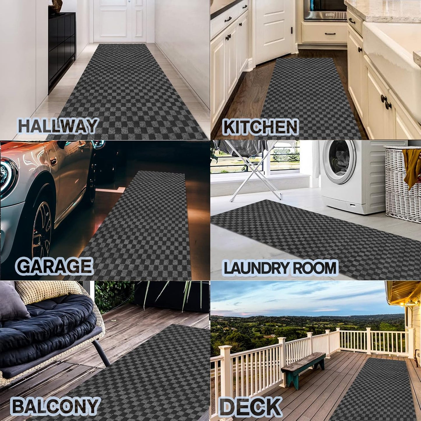 Custom Size Backed Non-Slip Area Rugs Runner, Easy Clean, Waterproof Runner Rugs for Hallway Entryway, Kitchen, Laundry, 3FT x 63FT, Gray Checkered