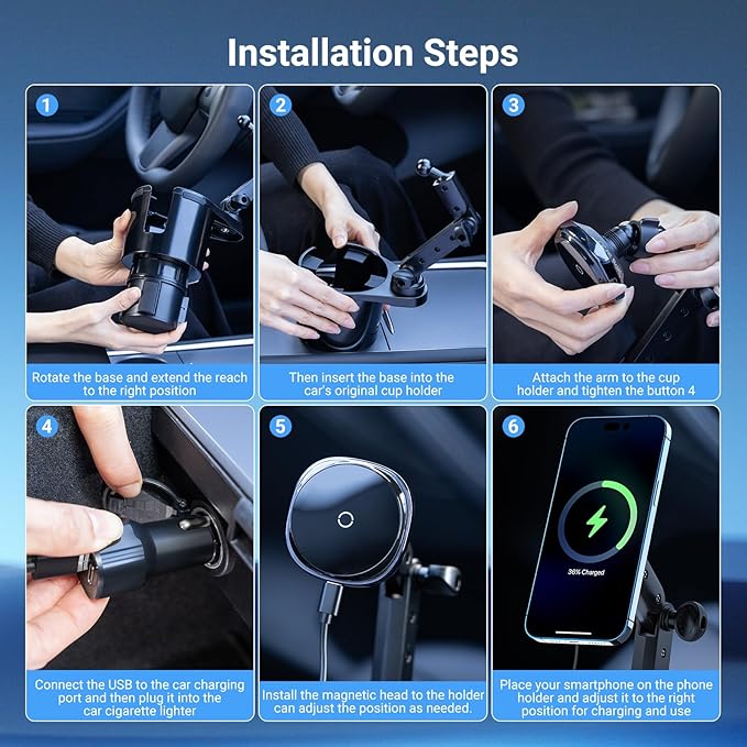 This Hill for Magnetic Cup Holder Charger, 360° Rotating Wireless Magnetic Car Charger, Fast Charging Phone Holder for iPhone 17 16 15 14 13 12 and Samsung Galaxy S20 Above Series [With QC 3.0 Adapter