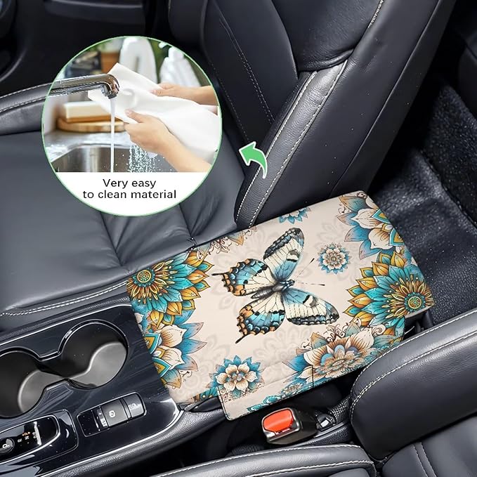 Dreaweet Thick Center Console Cover Boho Butterfly Car Arm Rest Cover for Women Car Armrest Storage Box Mat Soft Comfy Arm Rest Cushion Pads for SUV Truck Sedan Vehicle