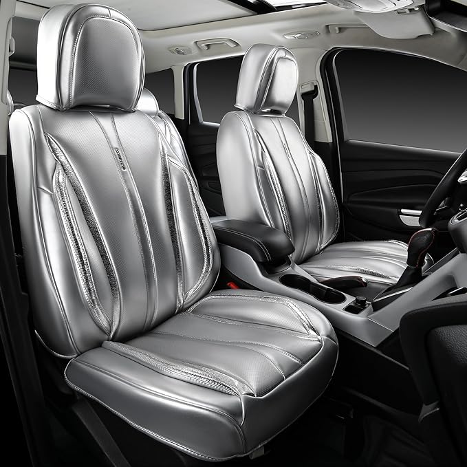 CAR PASS Ultra+ Nappa Leather Car Seat Covers Full Set Universal Cushioned, Soft Breathable Waterproof Anti-Slip Driver Seats and Backrest for SUV Pick-up Truck Sedan, 5 Seats Margiela Solid Silver