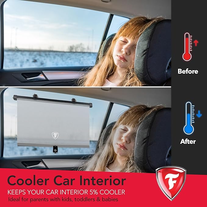 Firestone 2 Pack Retractable Car Window Sunshades - Blocks 99% UV Rays, Lightweight & Compact Car Side Window Screen with Automatic Retract Button, Blocks Glare & Heat, Gray