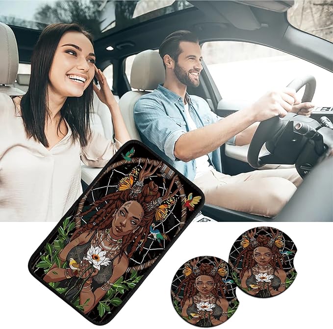 Car Armrest Cover Pads Universal Fashion Cute Auto Center Console Armrest Cover Pad with 2PCS Car Coasters Soft Waterproof Car Armrest Seat Protector for Women, African American Girl