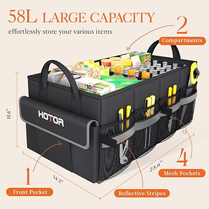 HOTOR Trunk Organizer - Car Organizer with 5 Pockets, Trunk organizer for SUV, Sedan & Van, Car Organization with Sturdy Base Panel for Car Accessories, Black, 2 Compartments, 23.6"×14.2"×10.6"