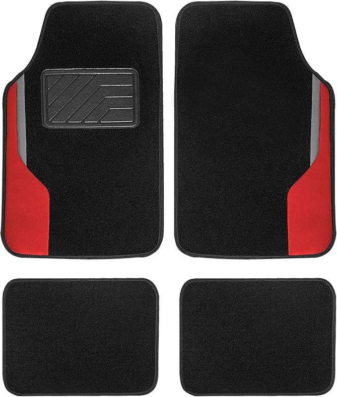 FH Group Color-Block Carpet Car Floor Mats – Non-Slip, Faux Leather Accents, Universal Fit for Sedan, SUV & Truck – Full Set Red