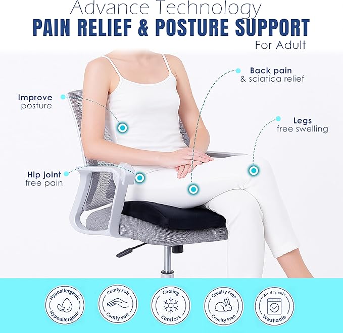 Orthopedic Seat Cushion for Tailbone & Sciatica Pain Relief – Ergonomic U-Shaped Memory Foam Chair Pad for Office, Car & Home – Coccyx Support, Back & Hip Comfort, Free Extra Washable Cover