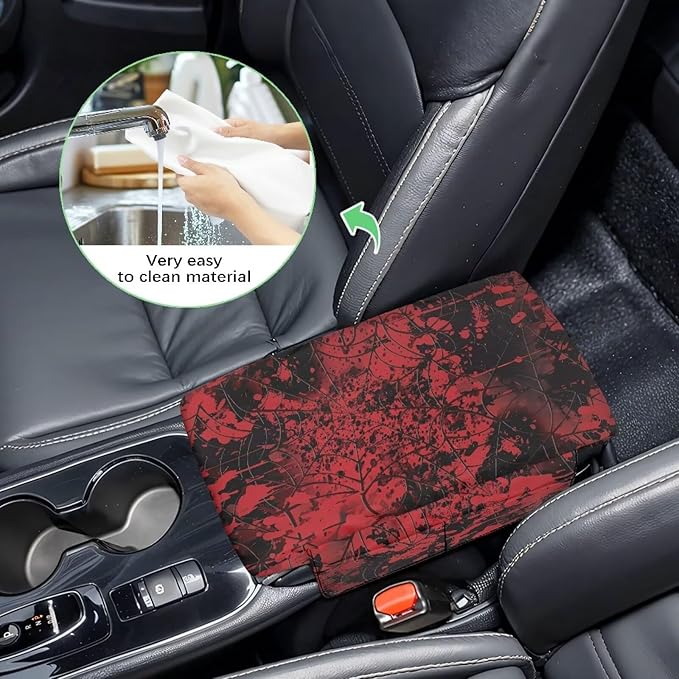 Wanyint Bloody Print Cobweb Auto Center Console Cover Armrest Seat Box Cover Protector with 4 Storage Bags Middle Console Pad Arm Rest Covering for Car Side Storage Box for Women Men