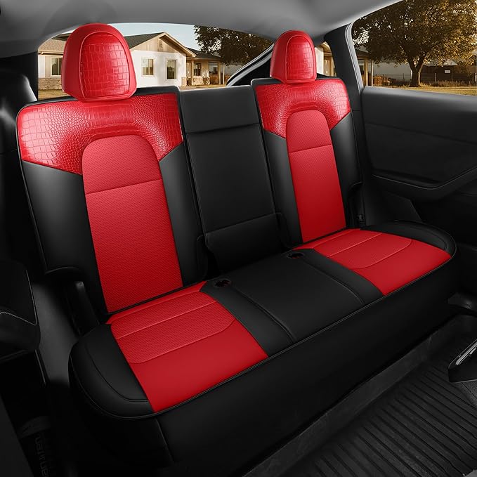 for Tesla Model Y Seat Cover 2020 2021 2022 2023 2024 (5-Seater Only) Customized Fit Car Seat Cover Interior Protectors (Crocodile Skin Red+Black)