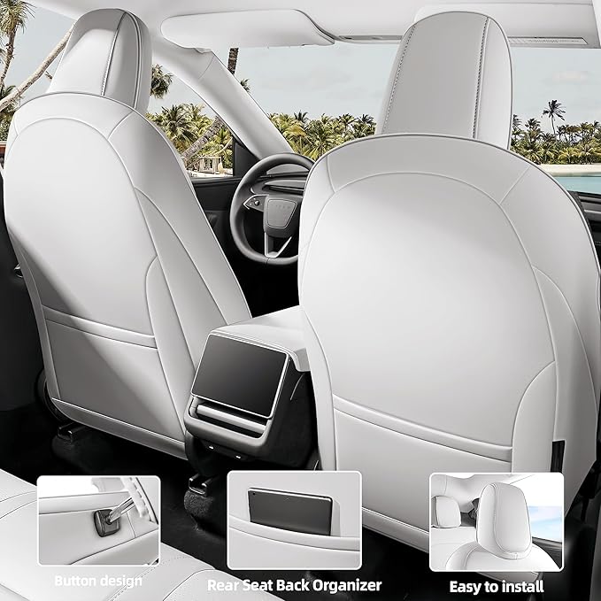 Leather Seat Cover for Tesla Juniper 2025 2026 Waterproof Seat Cover for Tesla Model Y (White-25 26)