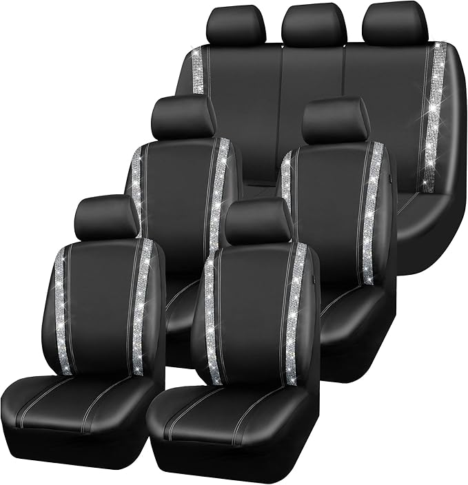 CAR PASS Bling Diamond Car Seat Covers, Shining Rhinestones Waterproof Faux Leather, 7 Seats 3 Rows with Zipper Glitter Crystal Sparkle Strips Universal Fit 95% MPV,SUV,CAR for Women Girl, Silver