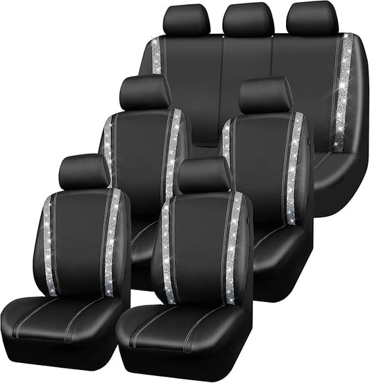 CAR PASS Bling Diamond Car Seat Covers, Shining Rhinestones Waterproof Faux Leather, 7 Seats 3 Rows with Zipper Glitter Crystal Sparkle Strips Universal Fit 95% MPV,SUV,CAR for Women Girl, Silver