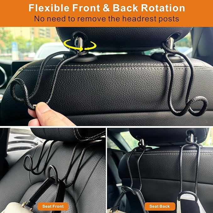 Car Headrest Hooks for Purse and Bag - 2 Pack Car Seat Hooks for Grocery Handbag, Car Interior Accessories for Men Women, Heavy-Duty Metal Car Purse Holder Covered by Leather - Black Leather/2L