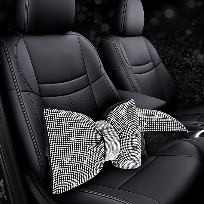 2 PCS Bling Car Pillows, Rhinestones Bowknot Bling Car Headrest Pillow, Car Neck Pillow for Driver Cool Relax Necksupport, White Crystal Diamond Car Accessories for Women