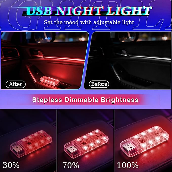 4 PCS Car LED Lights, USB Plug-in Rechargeable 8 High-Brightness LED Beads,Portable Mini Touch Control Dimmable Night Light for Car/Bedroom/Party/Holiday Decoration (2Red&2Blue)