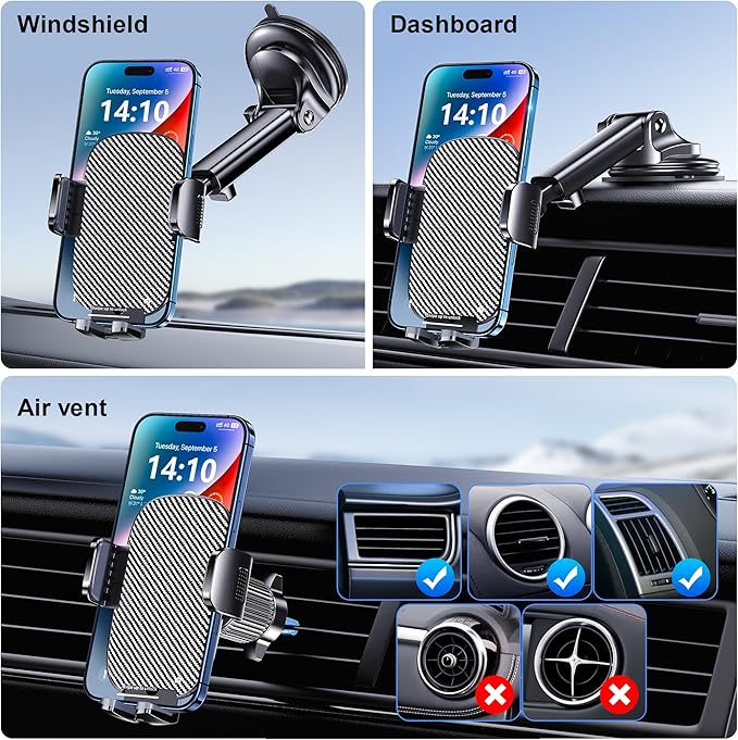 GUWEZ Phone Holder Car Mount for iPhone [Powerful Suction] Phone Mount for Car Dashboard Windshield Air Vent Universal Accessories [Thick Cases Friendly] Automobile Phone Holder Fit iPhone Smartphone