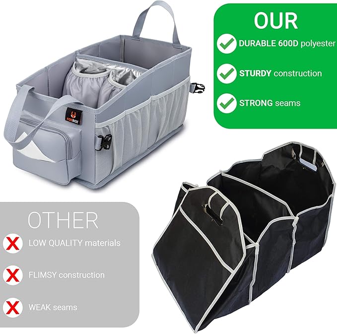 FoxBox Car Seat and Trunk Organizer, Front or Back Seat Storage - SUV Passenger Floor, Under or Between Seats Organization, Car Gifts for Men and Women (Grey)