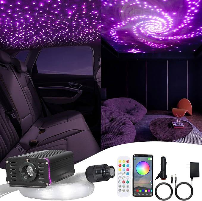 Twinkle Fiber Optic Lights,Bluetooth APP/Remote/Music Activate Starlight Headliner Kit with RGBW LED Light Engine,300pcs 9.8ft Mix Optic Fiber Cable for Car/Home/Party Star Light Ceiling