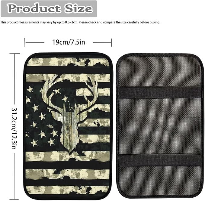 Green Camo Hunting Deer Flag Print Center Console Cover for Men Car Armrest Cover Pad for SUV Sedan Truck,Easy to Install
