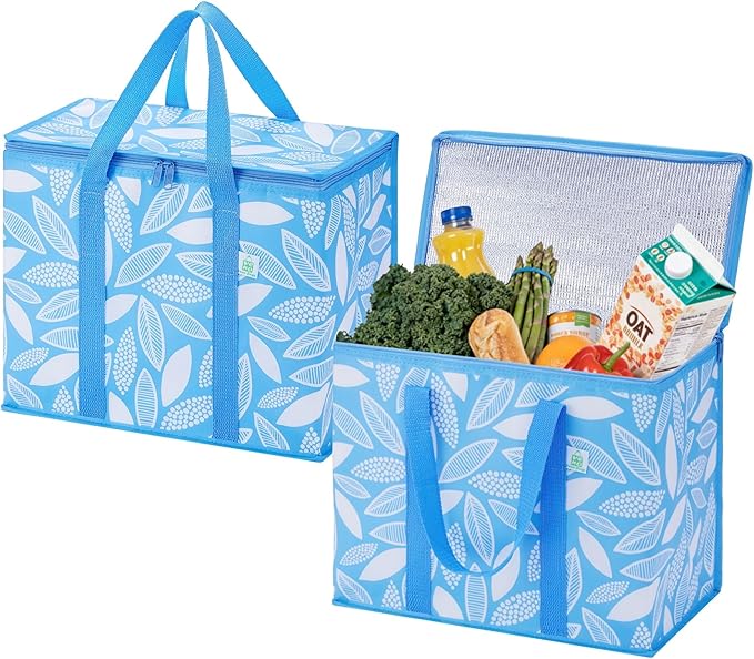 VENO 2 Pack Insulated Cooler Bag, Reusable Grocery Shopping Bag for Food Delivery, Heavy Duty, Large Size, Durable Handles, Double Zippers, Lid, Collapsible (Spring Breeze, 2 Pack)