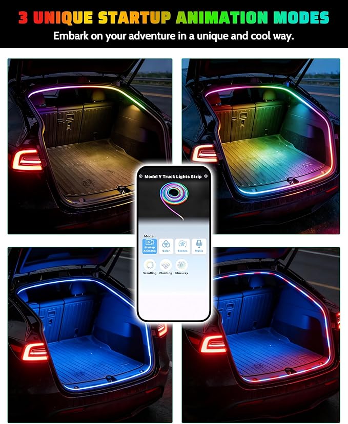 RGB LED Trunk Light Strips for Tesla Model Y & Juniper 2021-2026, APP Control Ambient Neon Trunk Lights with Magnetie Sensor, Auto On/Off, Music Sync, Waterproof Silicone, Plug & Play
