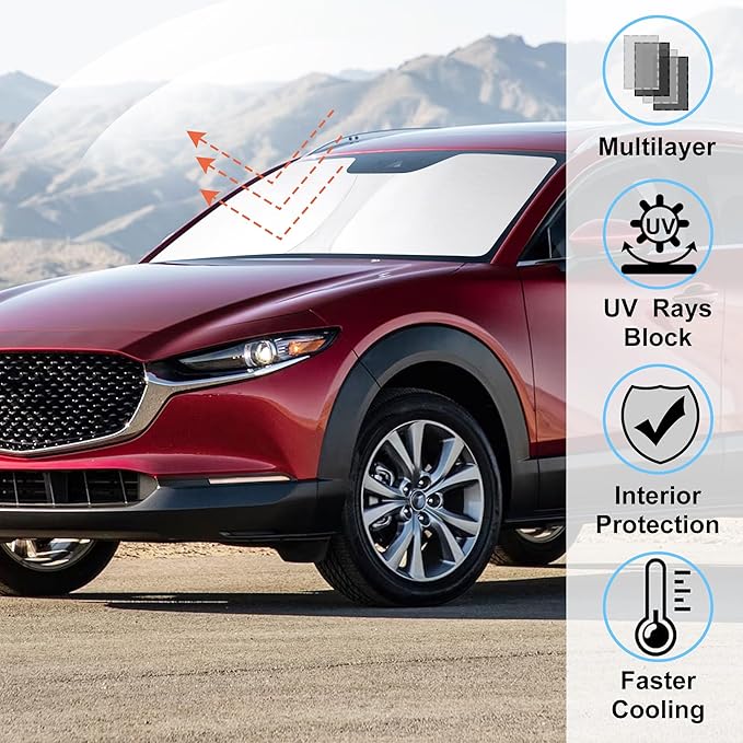 Windshield Sun Shade Compatible with Mazda CX-30 2019-2024 2025 2026 CX30 Accessories Foldable Sun Visor Protector Sunshade Blocks Rays & Heat