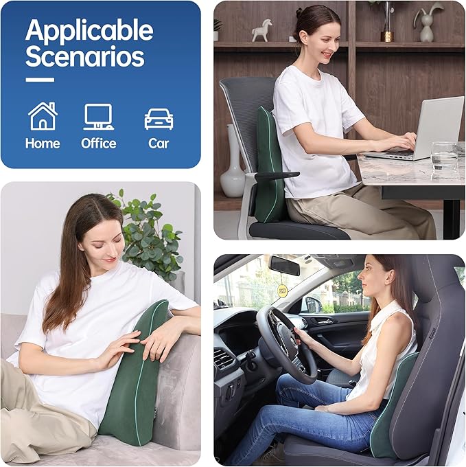 Lumbar Support Pillow for Office Chair, Back Support Pillow with Memory Foam, Relieves Back Pain, Removable Washable Cover & Adjustable Strap, for Car/Gaming Chair,Gift-Dark Green