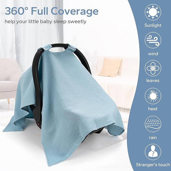 SERAPHY 100% Muslin Cotton Car Seat Cover Baby, Universal Carseat Covers, Breathable Baby Car Seat Canopy for Boys Girls, Soft Infant Car Seat Cover for Summer —Blue