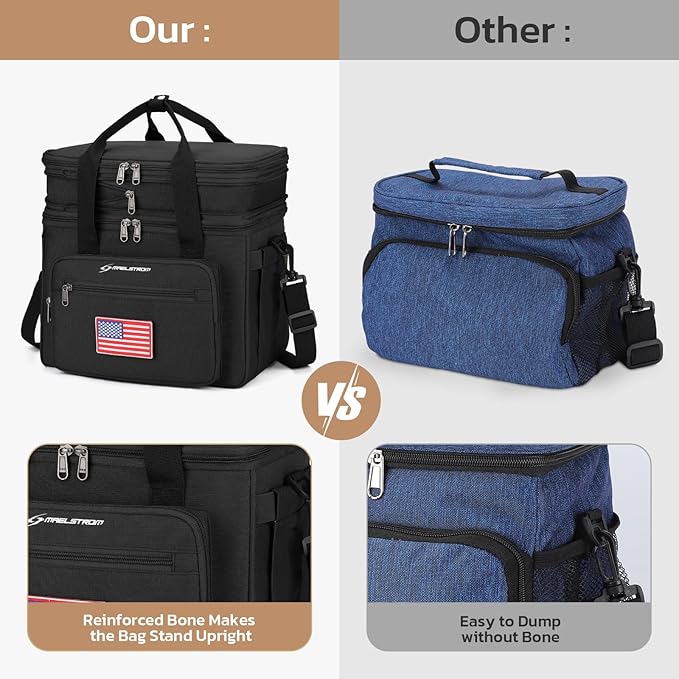 Maelstrom Lunch Box, 23L Insulated Lunch Bag, Expandable Double Deck Cooler Bag, Lightweight Leakproof Tote Bag With Side Tissue Pocket, Suit For Men and Women (F Black with DIY Hook-and-Loop)