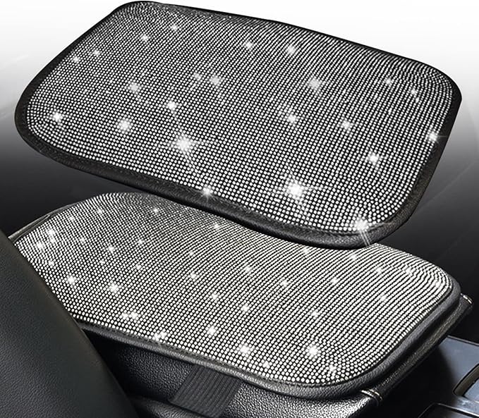 BetterJonny Auto Bling Car Armrest Cover, Crystal Rhinestone Auto Center Console Cover Pad Non-Slip Car Arm Rest Cushion Pad Universal Bling Car Accessories for Most Car (13.2 X 9.3 Inch)