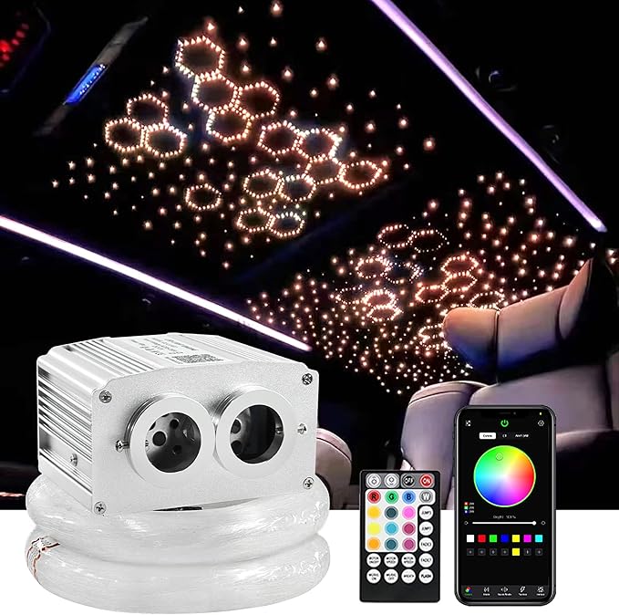ATOKEE 16W Twinkle 1000pcs Starlight Headliner Kit, 0.03in 13.1ft Dual Port Fiber Optic Star Lights for Car Home Use, Controlled Via APP/Remote