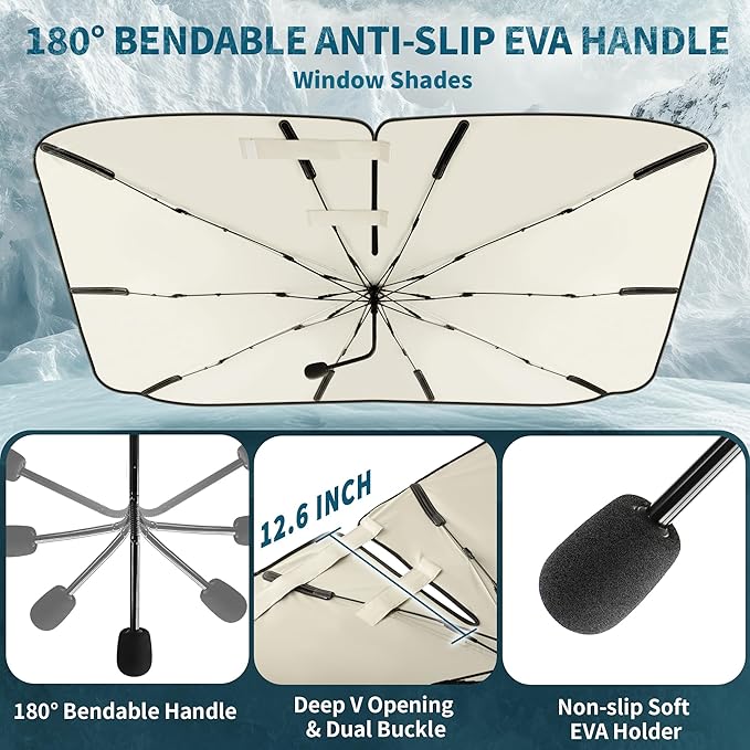 2025 Car Windshield Sun Shade Umbrella, 57"*33", Foldable Sun Shade for Car Windshield Umbrella, UPF 50+ and Heat Protection, Nano Cold Titanium Ice Silk Fabric. Universal Portable