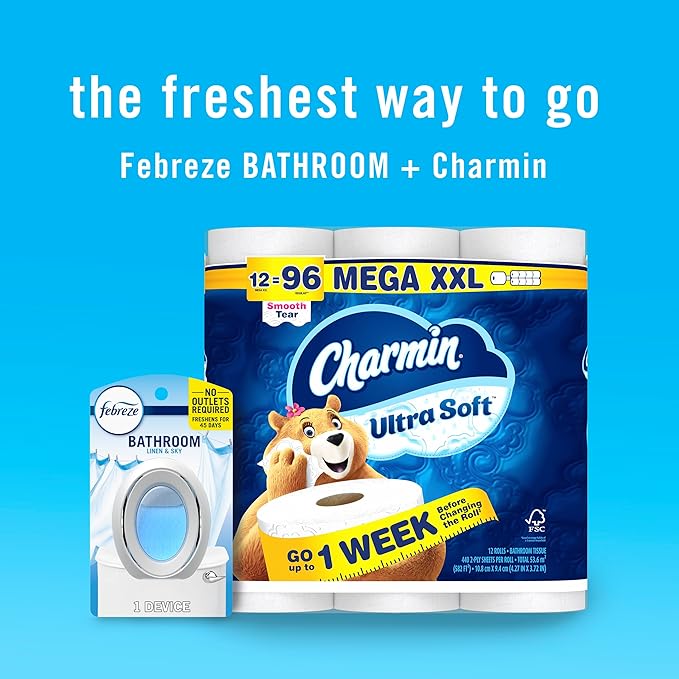 Febreze Bathroom Air Freshener Odor-Fighting for Small Spaces Scented Plug In Alternative Long-Lasting for Home and Bathroom and Kitchen Closet Air Fresheners, Linen & Sky Scent, 4 Count