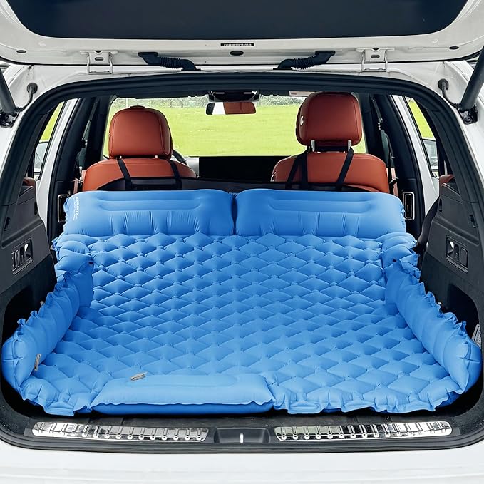 Inflatable Car Air Mattress, SUV Air Mattress for Travel Camping, Ultralight Camping Bed with Pillow and Built-in Foot Pump, Portable Sleeping Pad for SUV -Blue