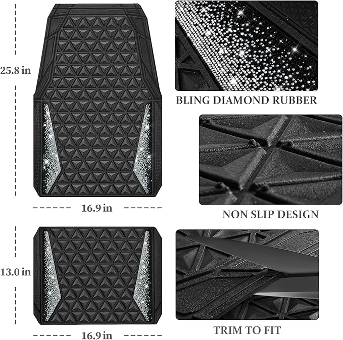 CAR PASS Bling Diamond Car Mats Rubber Floor Mats Full Set Anti-Slip 3D Rhombus Waterproof Trim to Fit Liner Universal Glitter Crystal Sparkly Shining Rhinestone Girl Women SUV Sedan Van, Black Silver
