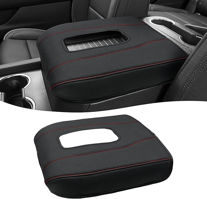 Center Console Cover for Chevy Silverado 1500 Accessories & GMC Sierra 2019-2026, Yukon & Tahoe & Suburban 2021-2026, Bucket Seat, PU Leather Armrest Middle Console Cover, Black-Red Stitch