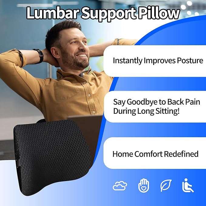 Lumbar Support Pillow for Car & Office Chair - High-Density Memory Foam for Sciatica & Lower Back Pain Relief - Non-Slip Back Support Cushion for Long Commutes & Desk Workers (3D Mesh Black)