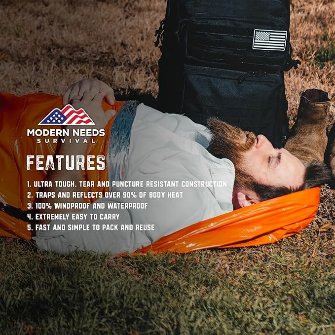 MODERN NEEDS Emergency Sleeping Bag Survival – Thermal Blanket & Bivy Sack | Emergency Bivy & Survival Blanket | Outdoor Sleeping Bag & Hiking Sleeping Bag | Sleeping Bags for Adults