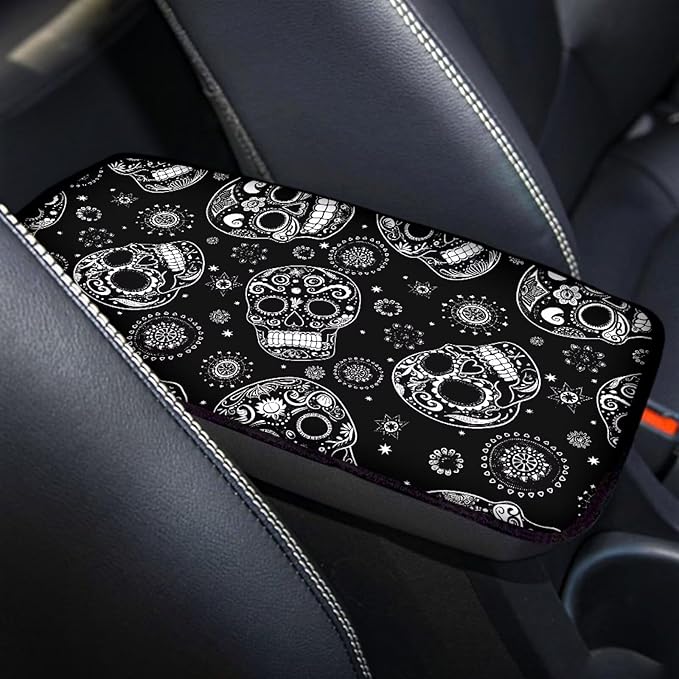 Dreaweet Halloween Center Console Cover for Car Hippie Skull Black Arm Rest Cover Pad Horror Car Accessories Decor Universal Armrest Cover for Cars Trucks SUV Sedan