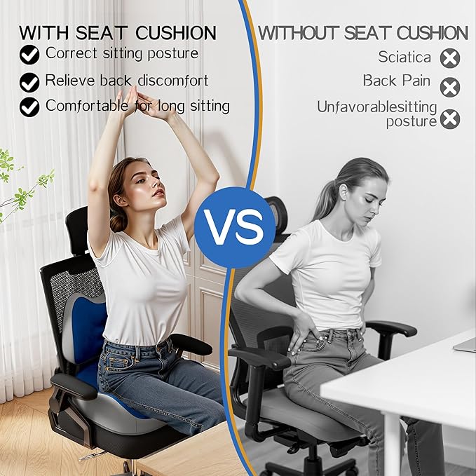 Benazcap Large Memory Foam Seat Cushion Lumbar Support Pillow for Sciatica & Tailbone Pressure Relief Coccyx Pad for Office Chair, Wheelchair, Car, Home, Office, Blue