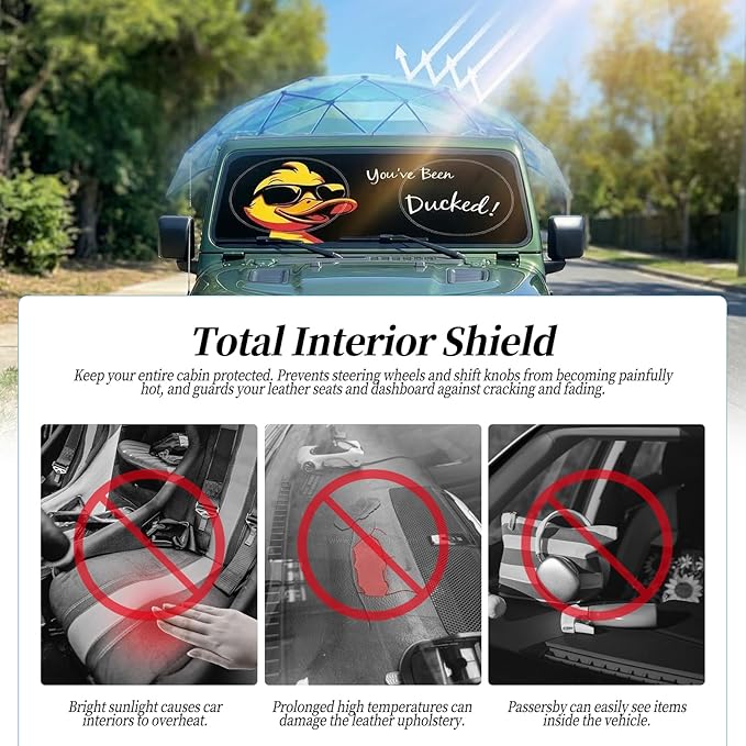 63"x28.5" Car Windshield Sun Shade with Storage Pouch, Stylish Printed Front Window Sunshade with Double Ring Frame, Universal Fit Foldable Heat Blocker & UV Protector for SUV, Sedan (Duck)