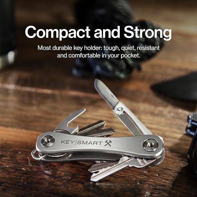 KeySmart Rugged - Multitool Key Holder for Keychain w/Bottle Opener and Pocket Clip, Organizer for Keys, EDC Keychains, Ring for Car Fobs Key Chains, Expandable (Up to 14 Keys, Titanium)